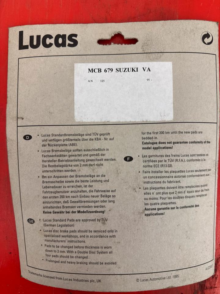 Suzuki AN 125 Bremsbeläge Lucas MCB 679 burgmann