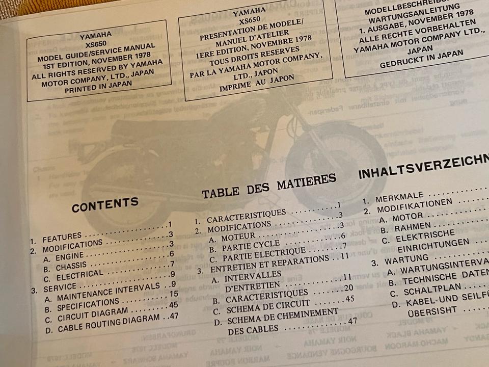 Yamaha XS650 Modellbeschreibung Wartungsanleitung Manual