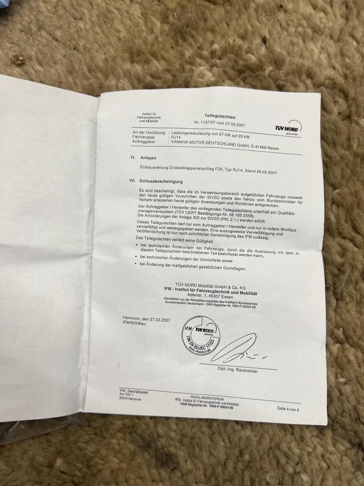 Yamaha Fz 6 drosselsatz 25kw Orginal Yamaha neu 30€