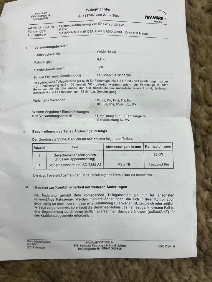 Yamaha Fz 6 drosselsatz 25kw Orginal Yamaha neu 30€
